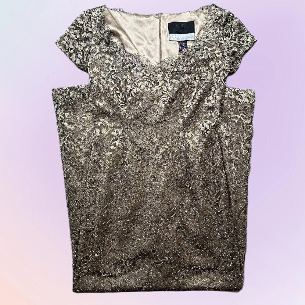 Carmen Marc Valvo Pewter Grey Metallic Full Long Lace Formal Dress Womens 4